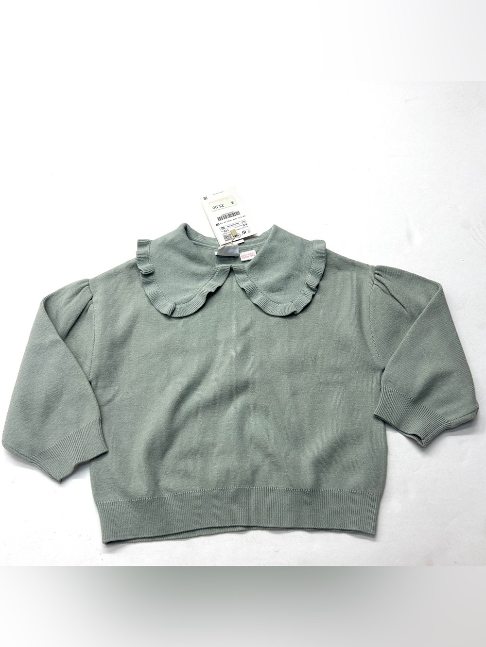 NWT Zara Sage Green Ruffled Peter Pan Collar Knit Top Sweater